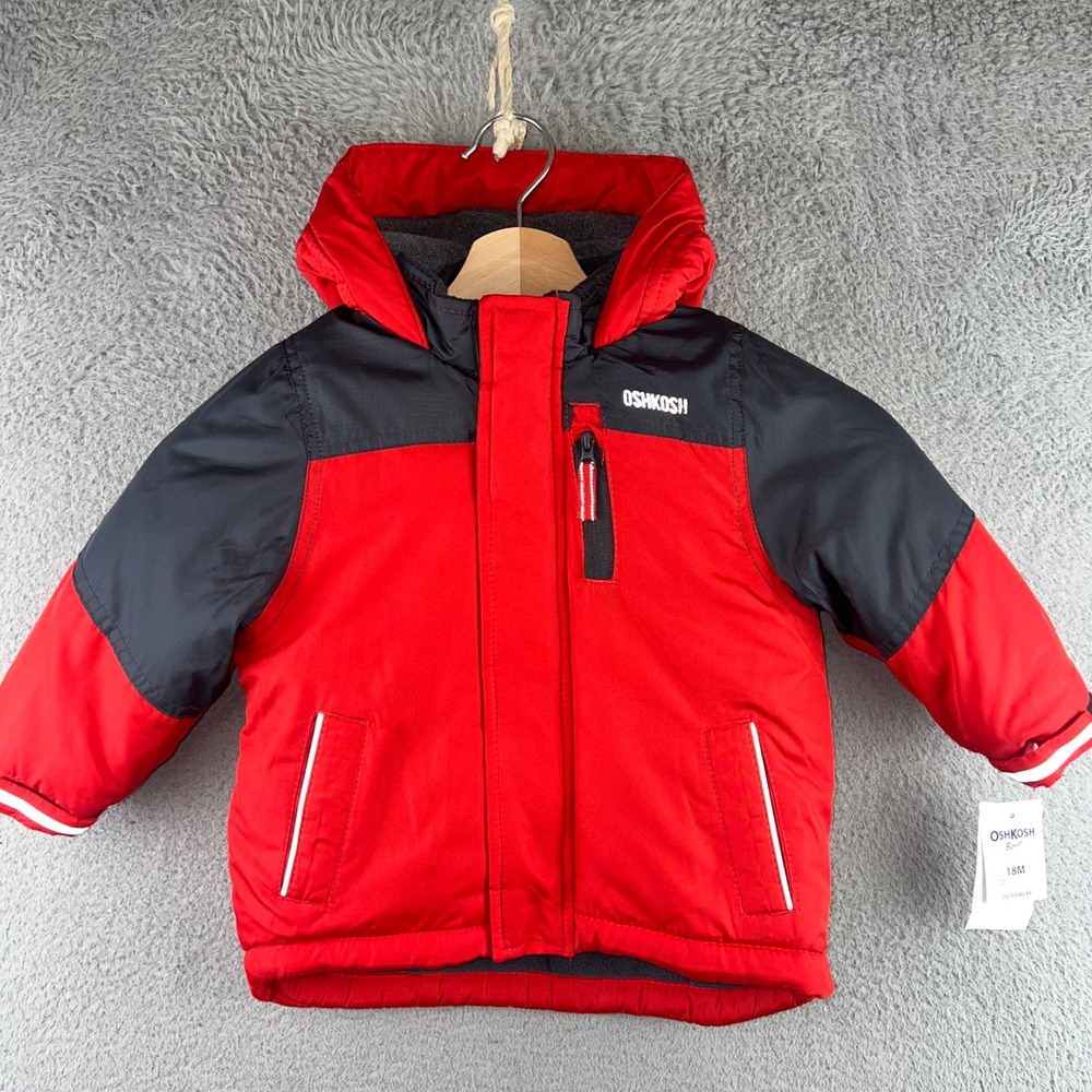 New OshKosh Bgosh Kids Red Colorblock Hooded Fleece Lined Puffer Jacket 18M